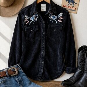 Embroidered Western Snap Button Shirt Black Floral Cowgirl Rodeo Top